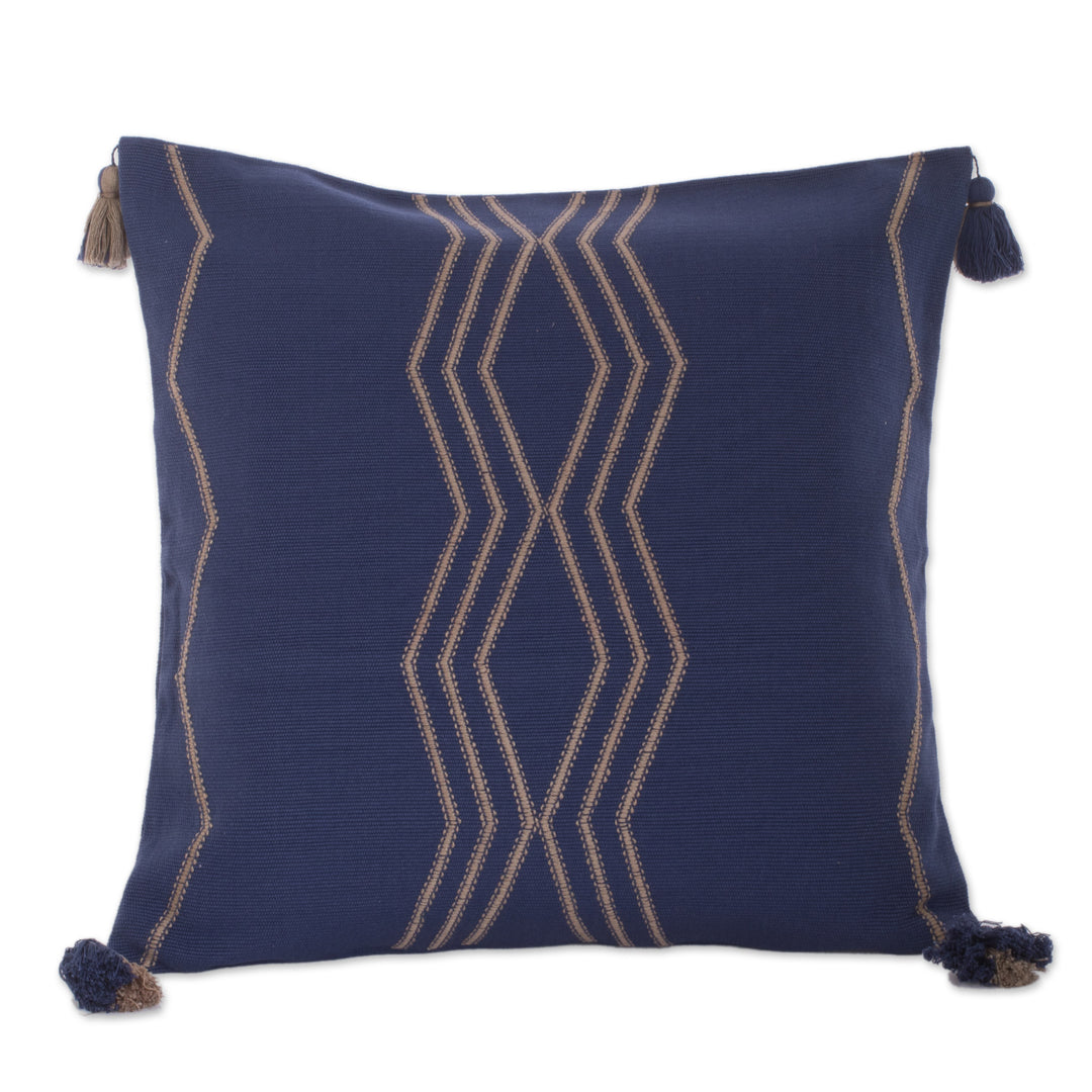 Handloomed Geometric Indigo and Beige Cotton Cushion Cover - Indigo Directions