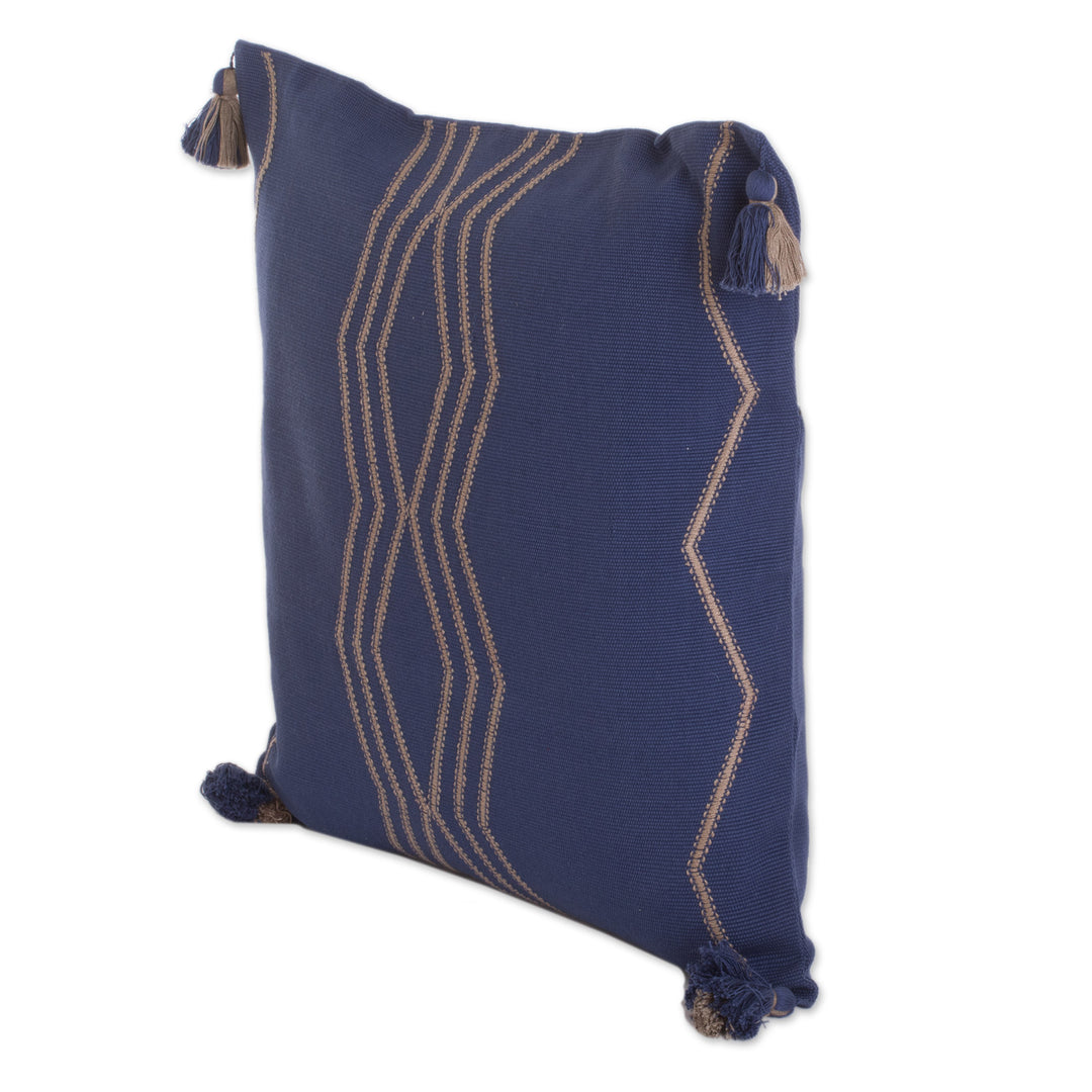 Handloomed Geometric Indigo and Beige Cotton Cushion Cover - Indigo Directions