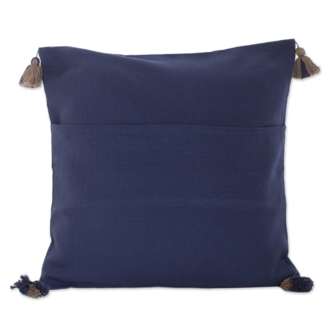 Handloomed Geometric Indigo and Beige Cotton Cushion Cover - Indigo Directions