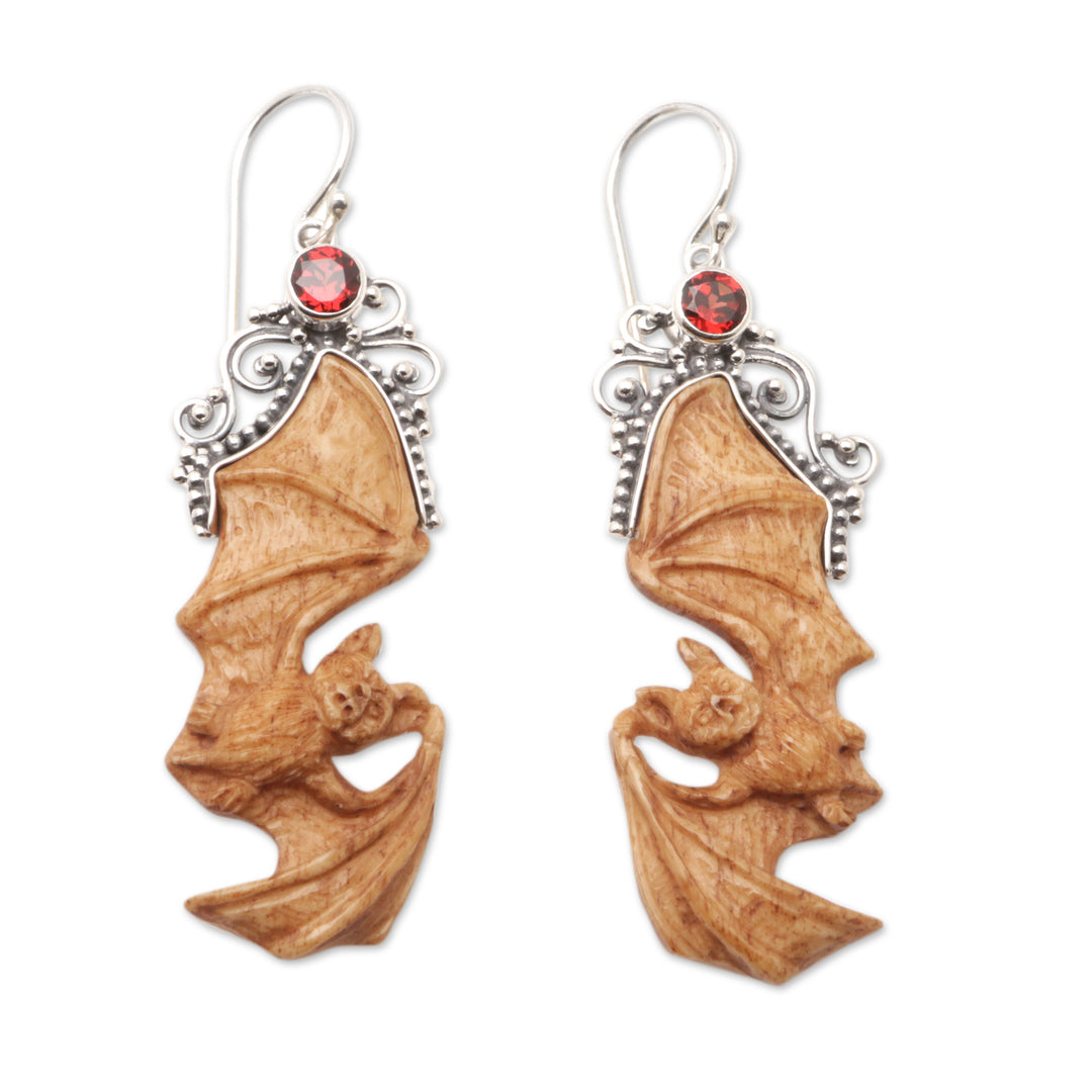 Garnet Sterling Silver and Bone Bat-Themed Dangle Earrings - Brown Bats