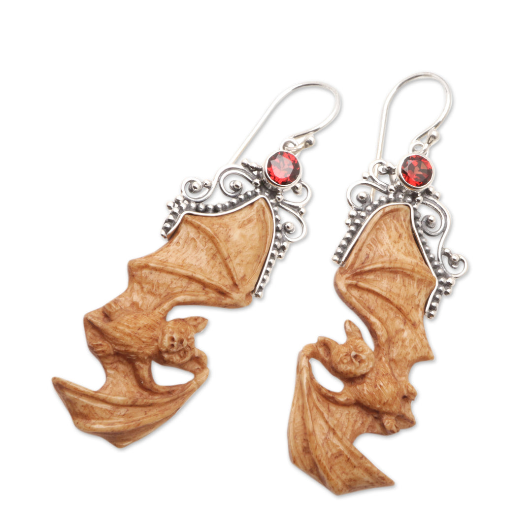 Garnet Sterling Silver and Bone Bat-Themed Dangle Earrings - Brown Bats