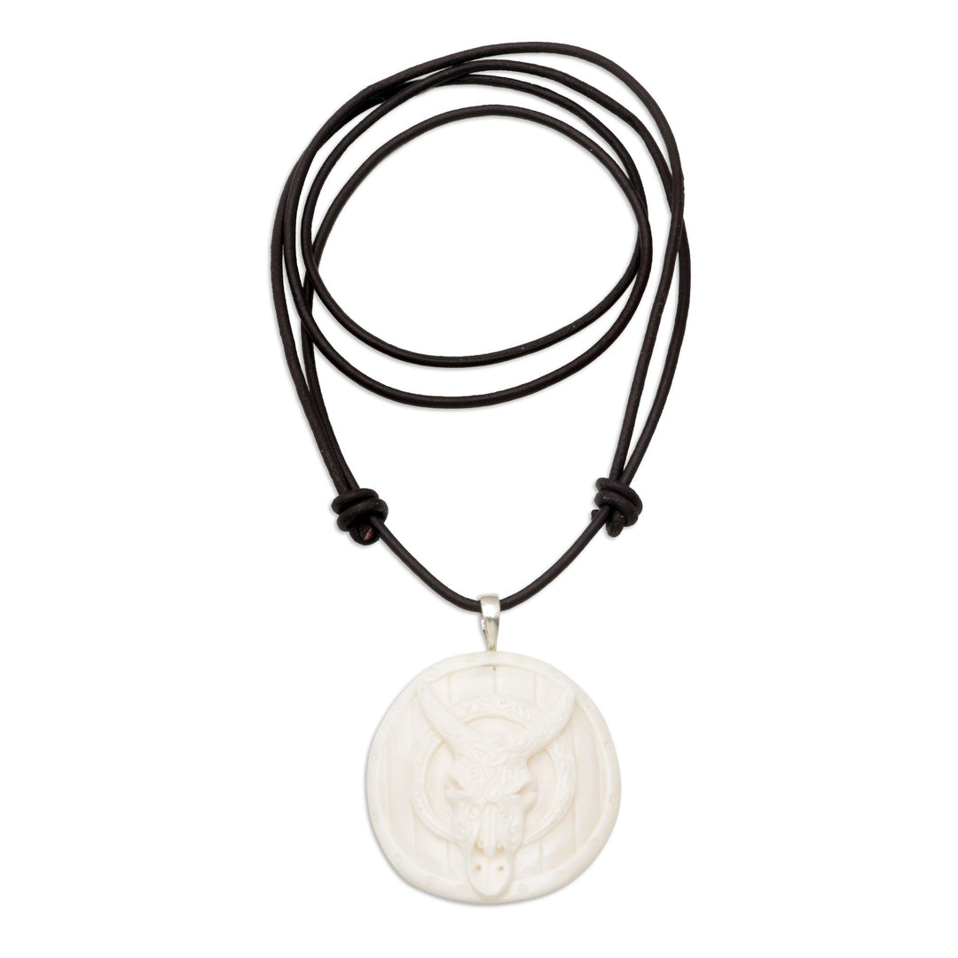 Men's Handcrafted Bone Pendant Necklace with Leather Cord - Ferocious Bull