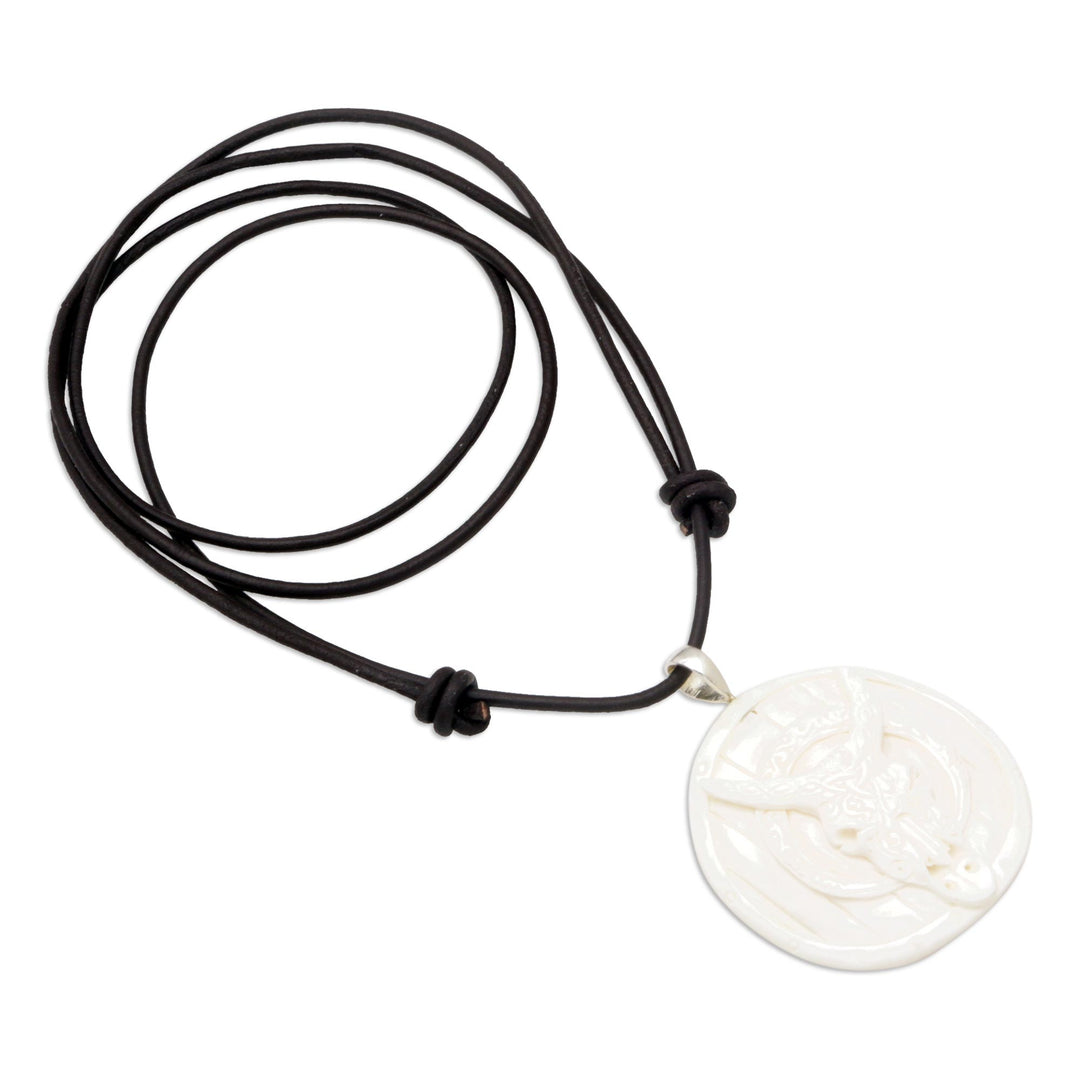 Men's Handcrafted Bone Pendant Necklace with Leather Cord - Ferocious Bull
