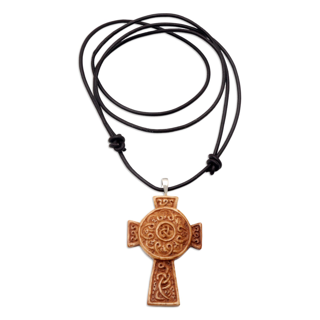 Leather Cord Pendant Necklace with Celtic Cross - Cross of Two Worlds