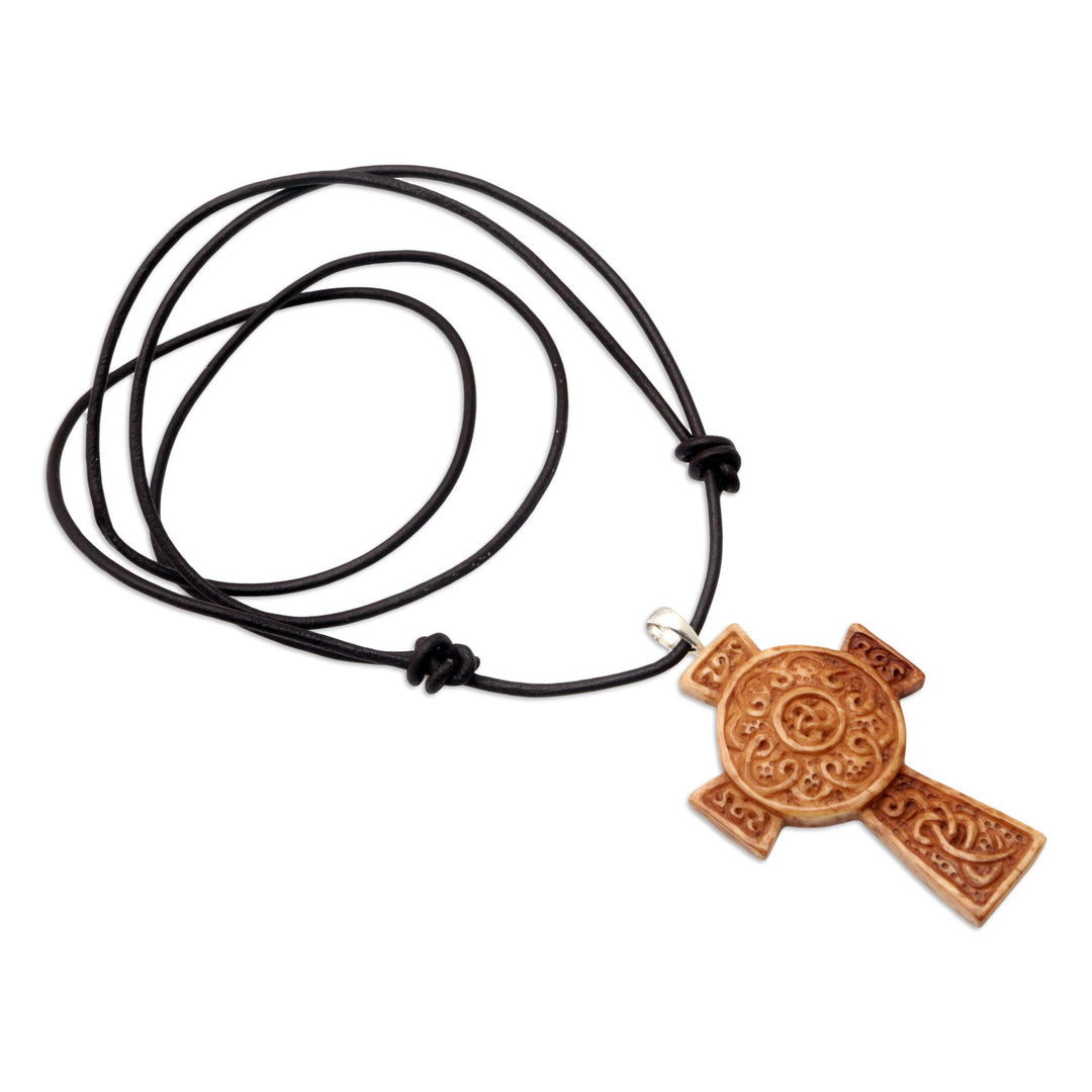 Leather Cord Pendant Necklace with Celtic Cross - Cross of Two Worlds