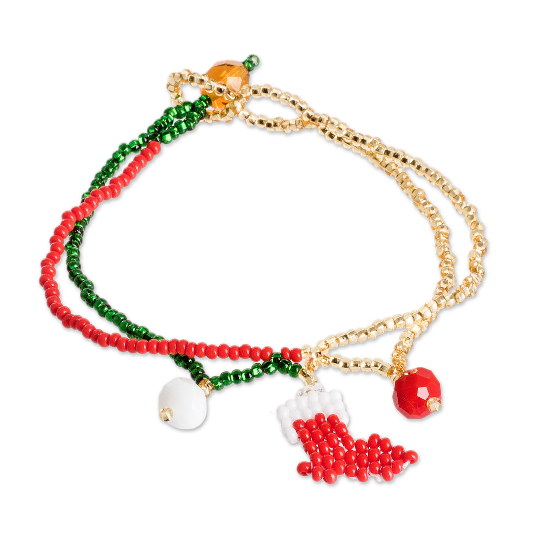 Christmas Boot Pendant Bracelet with Crystal & Glass Beads - Cute Christmas Boot