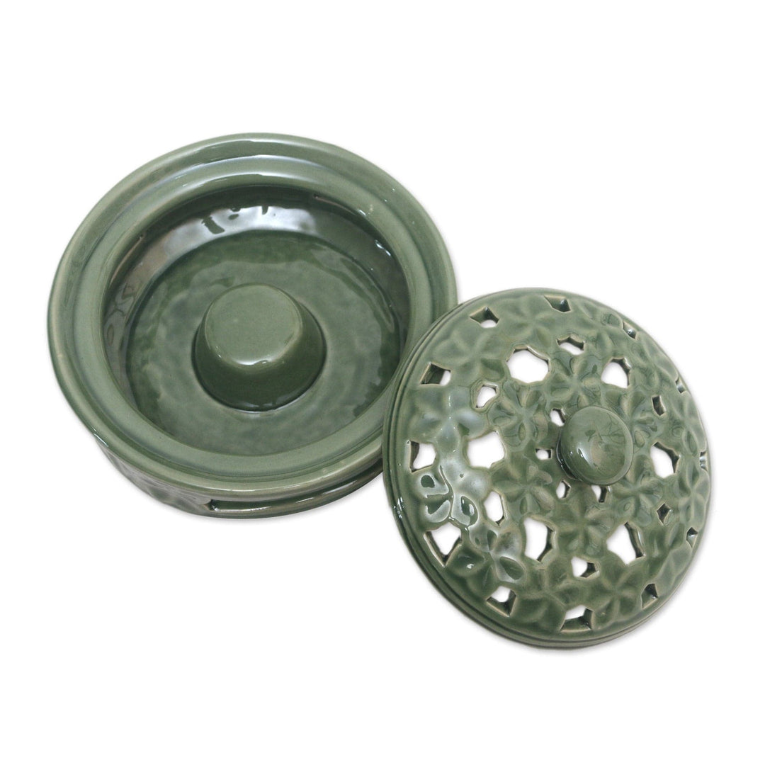 Balinese Handmade Green Porcelain Mosquito Coil Holder - Plumeria Blooms in Green