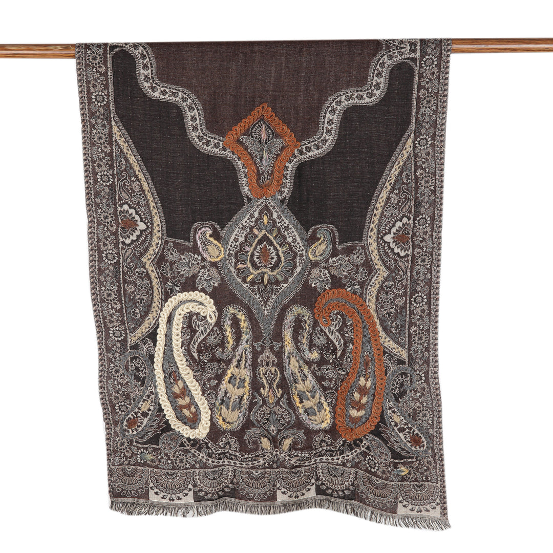 Hand-Embroidered Wool Shawl with Warm-Toned Paisley Details - Beguiling Paisley