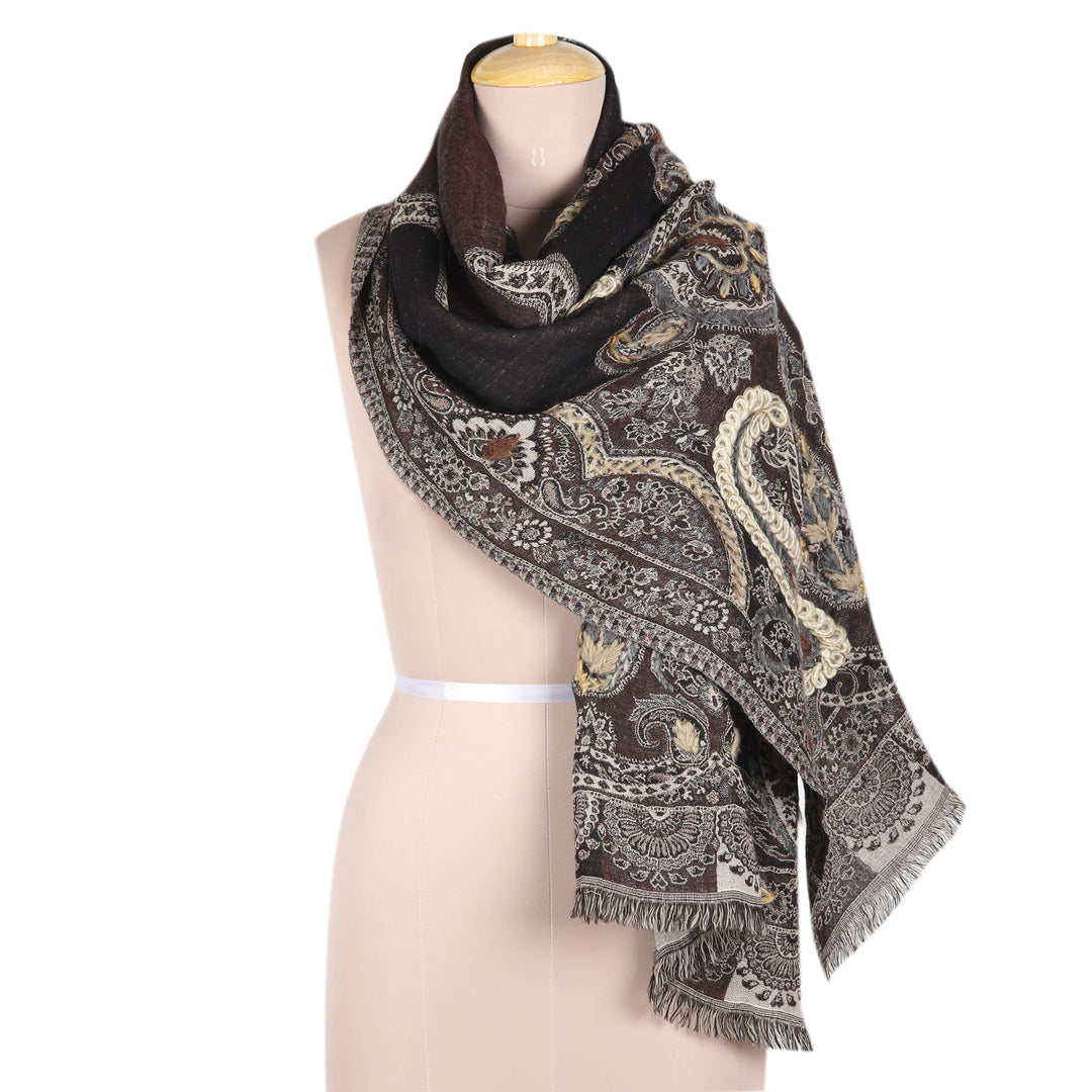 Hand-Embroidered Wool Shawl with Warm-Toned Paisley Details - Beguiling Paisley