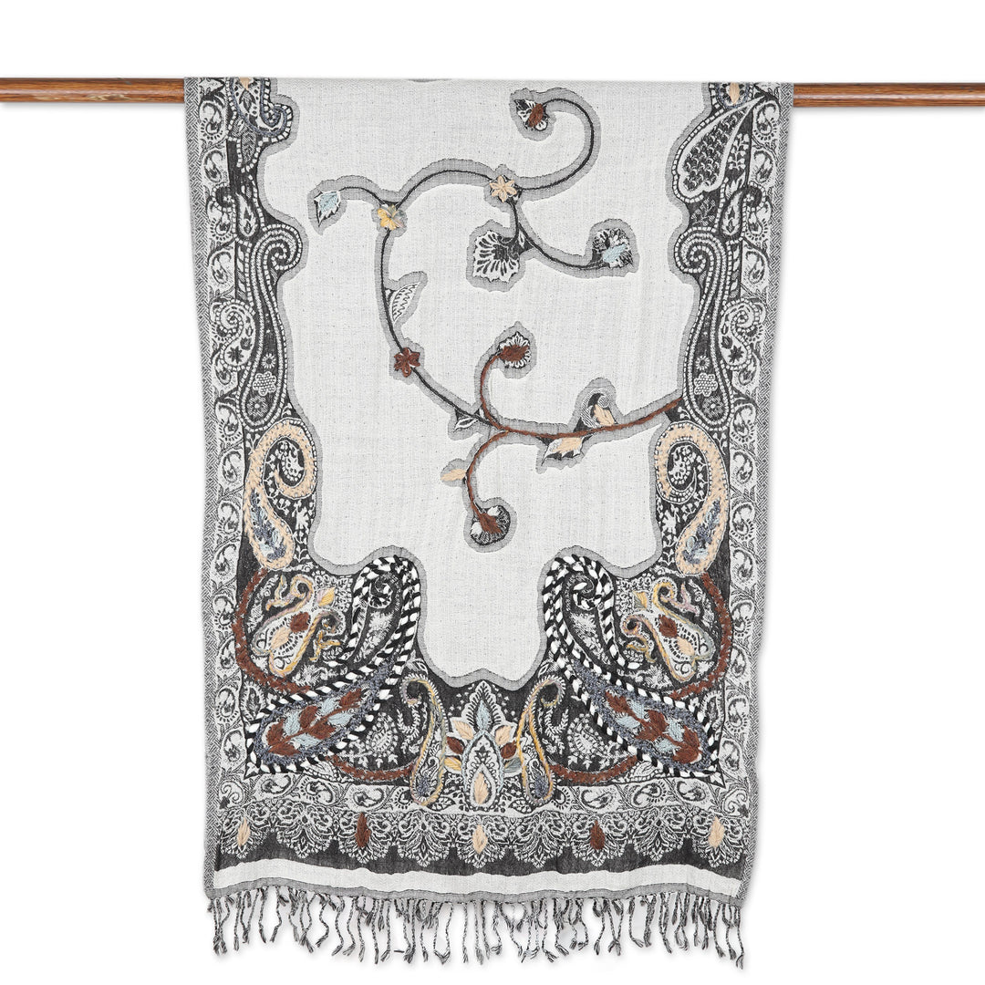 Hand-Embroidered Wool Shawl with Grey Paisley Details - Misty Glory
