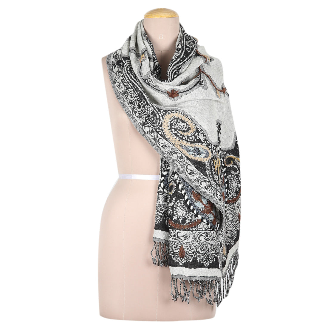 Hand-Embroidered Wool Shawl with Grey Paisley Details - Misty Glory