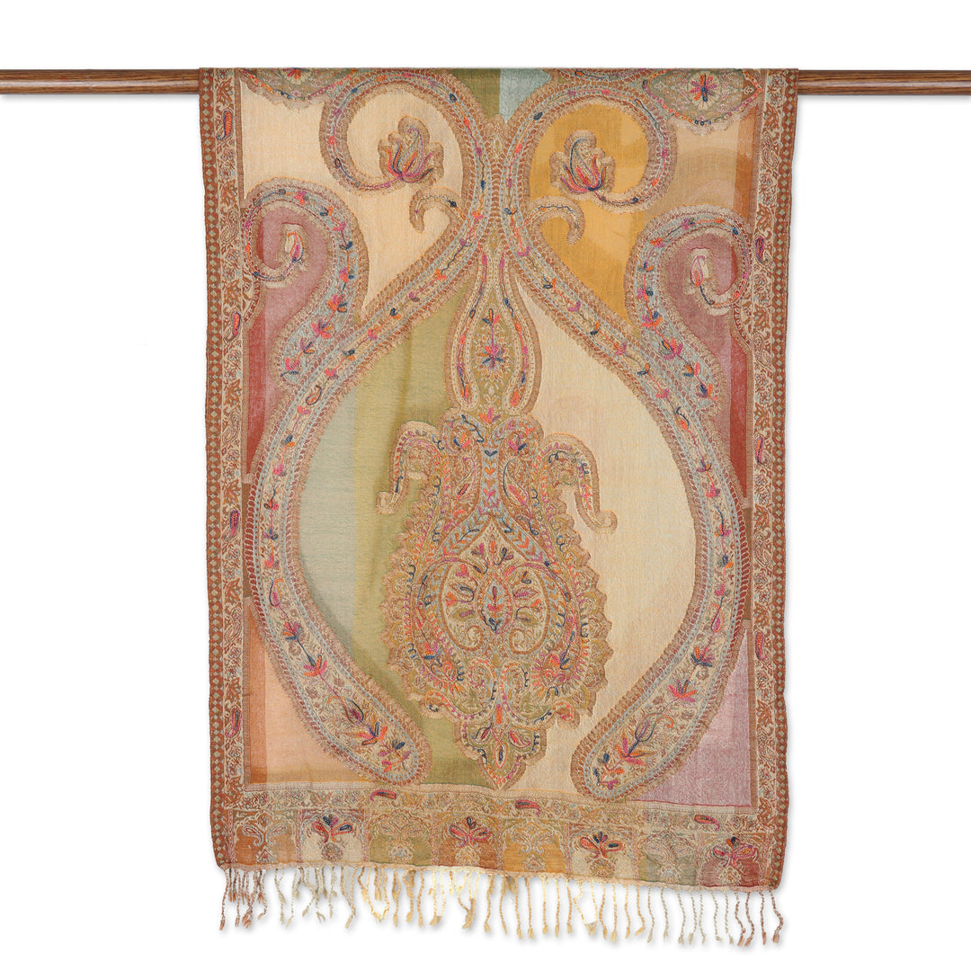 Hand-Embroidered Wool Shawl with Traditional Pattern - Kashmir Spring