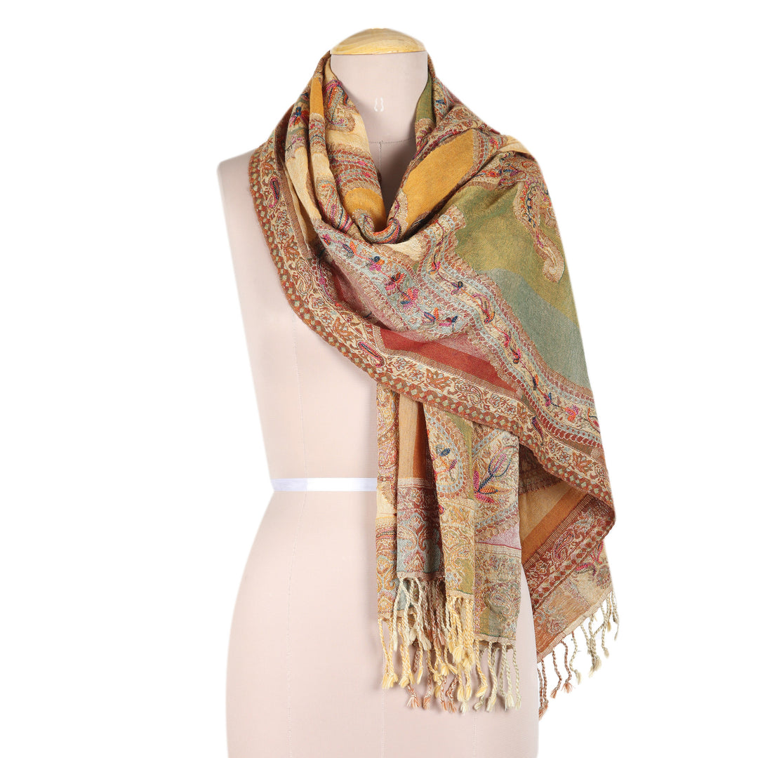 Hand-Embroidered Wool Shawl with Traditional Pattern - Kashmir Spring