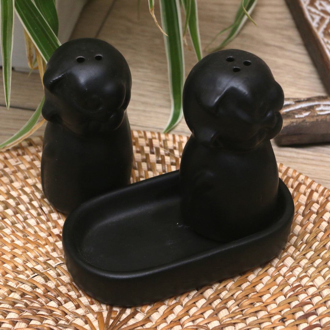 Ceramic Cat Salt and Pepper Set in Black Hues Made in Bali - Dark Felines