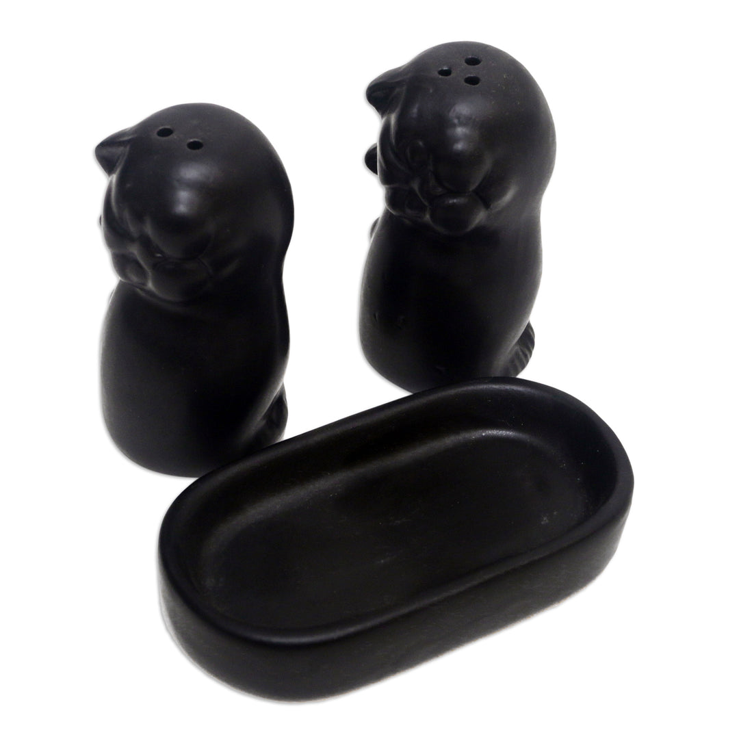Ceramic Cat Salt and Pepper Set in Black Hues Made in Bali - Dark Felines