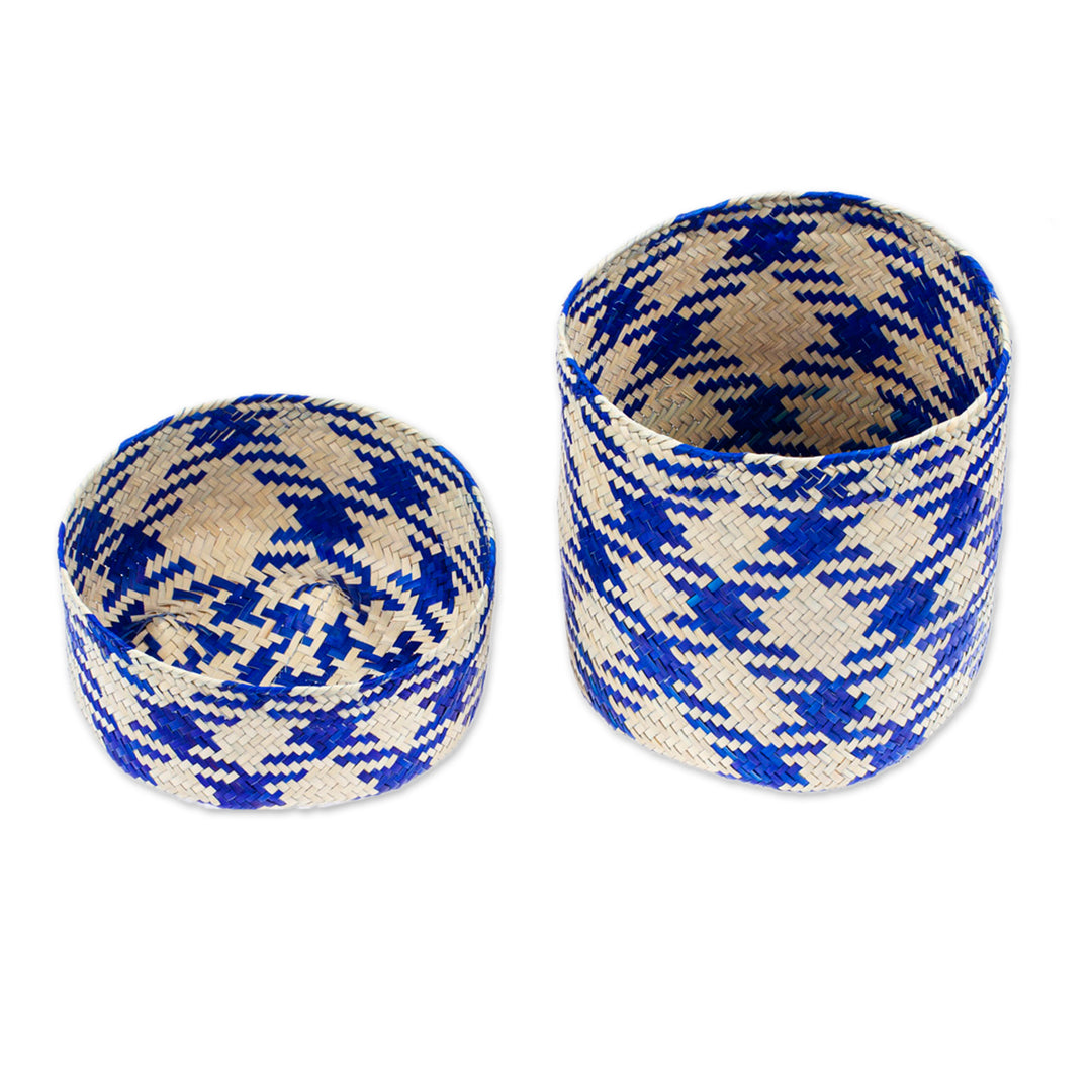 Blue Basket with Lid Hand-Woven from Palm Fiber in Mexico - Rooster in Blue