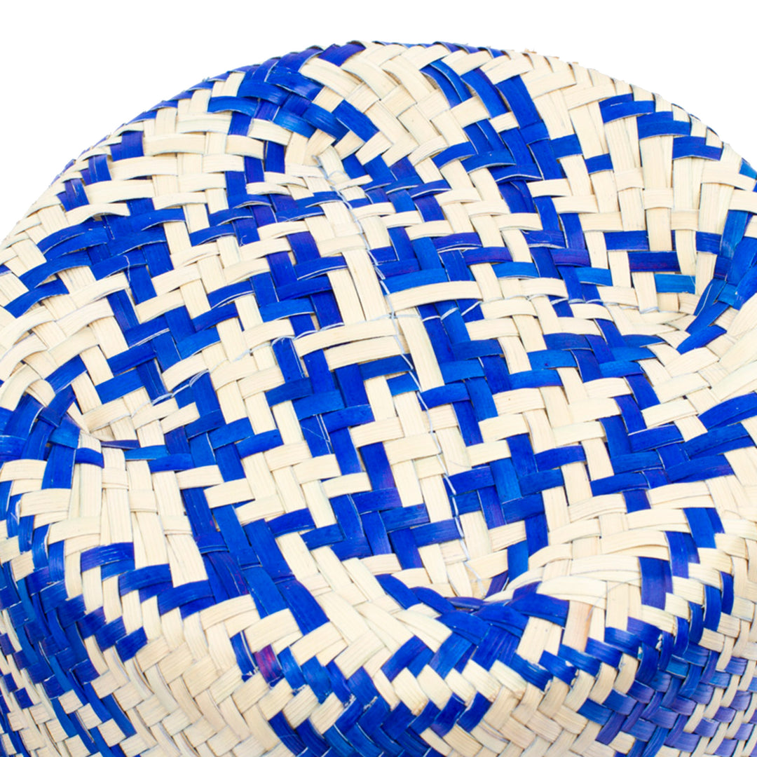 Blue Basket with Lid Hand-Woven from Palm Fiber in Mexico - Rooster in Blue
