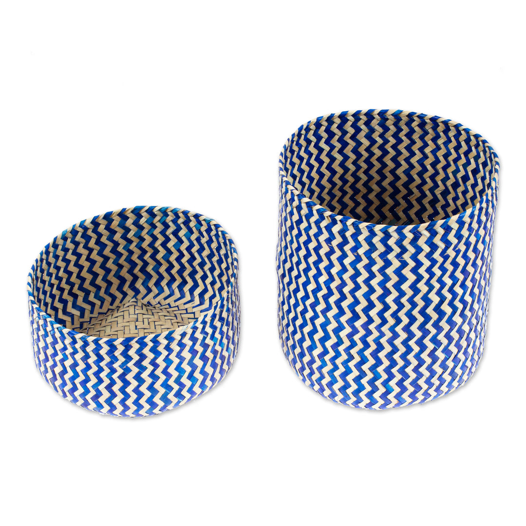 Blue Hand-Woven Palm Fiber Basket with Lid from Mexico - Tiger in Blue