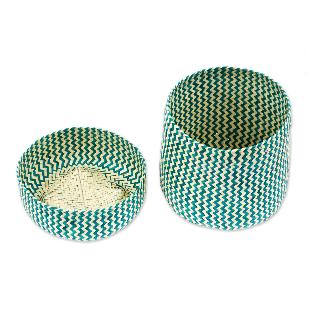 Green Basket with Lid Hand-Woven from Palm Fiber in Mexico - Tiger in Green