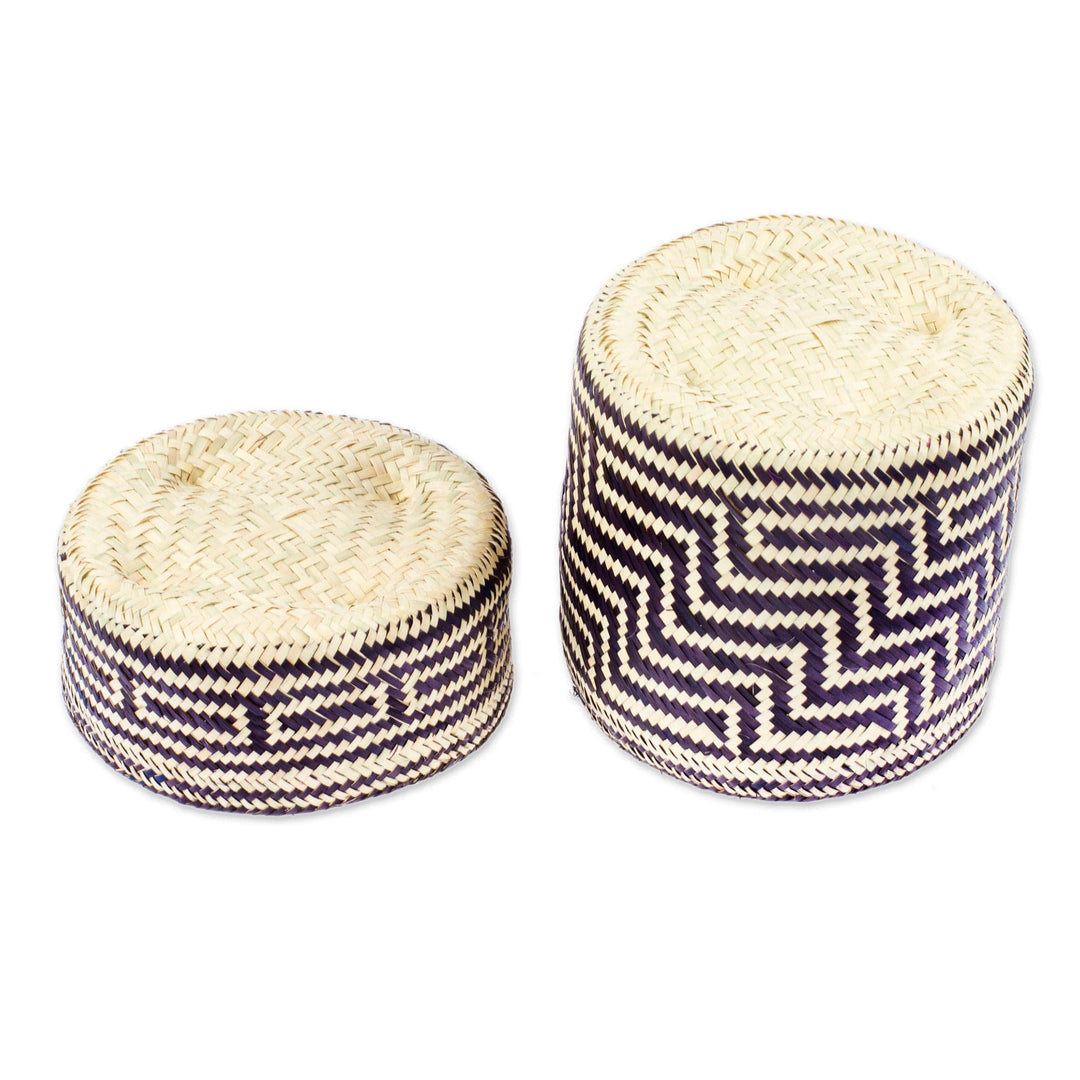 Blue Basket with Lid Hand-Woven from Palm Fiber in Mexico - Little Navy Blue Trail