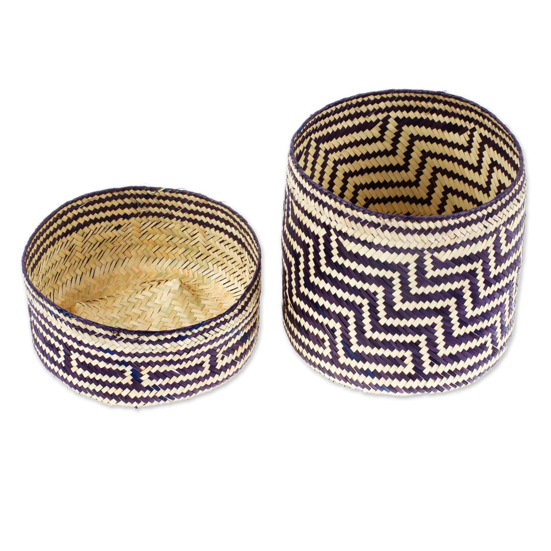 Blue Basket with Lid Hand-Woven from Palm Fiber in Mexico - Little Navy Blue Trail