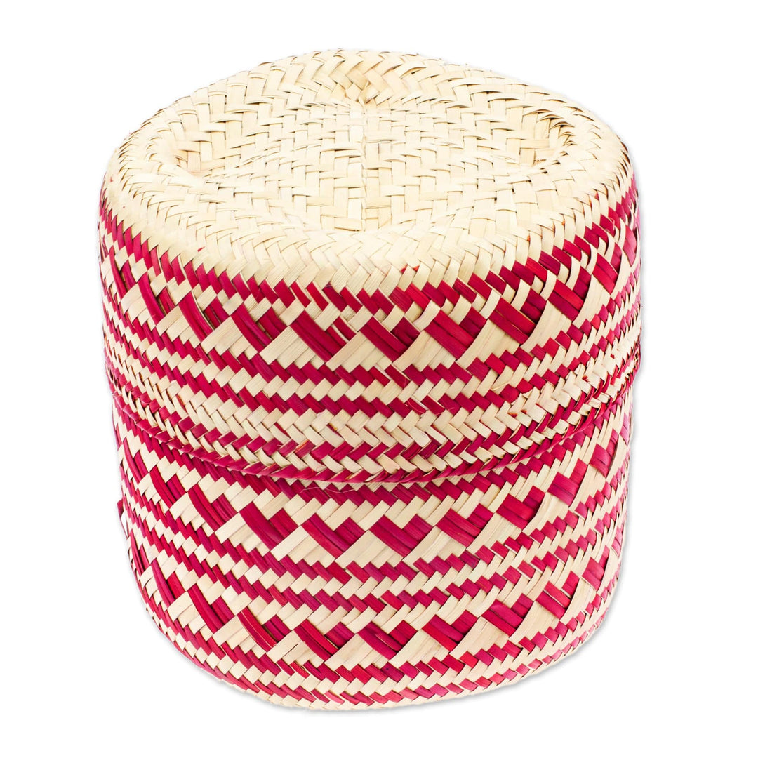 Red Hand-Woven Palm Fiber Basket with Lid from Mexico - Love Red Heart