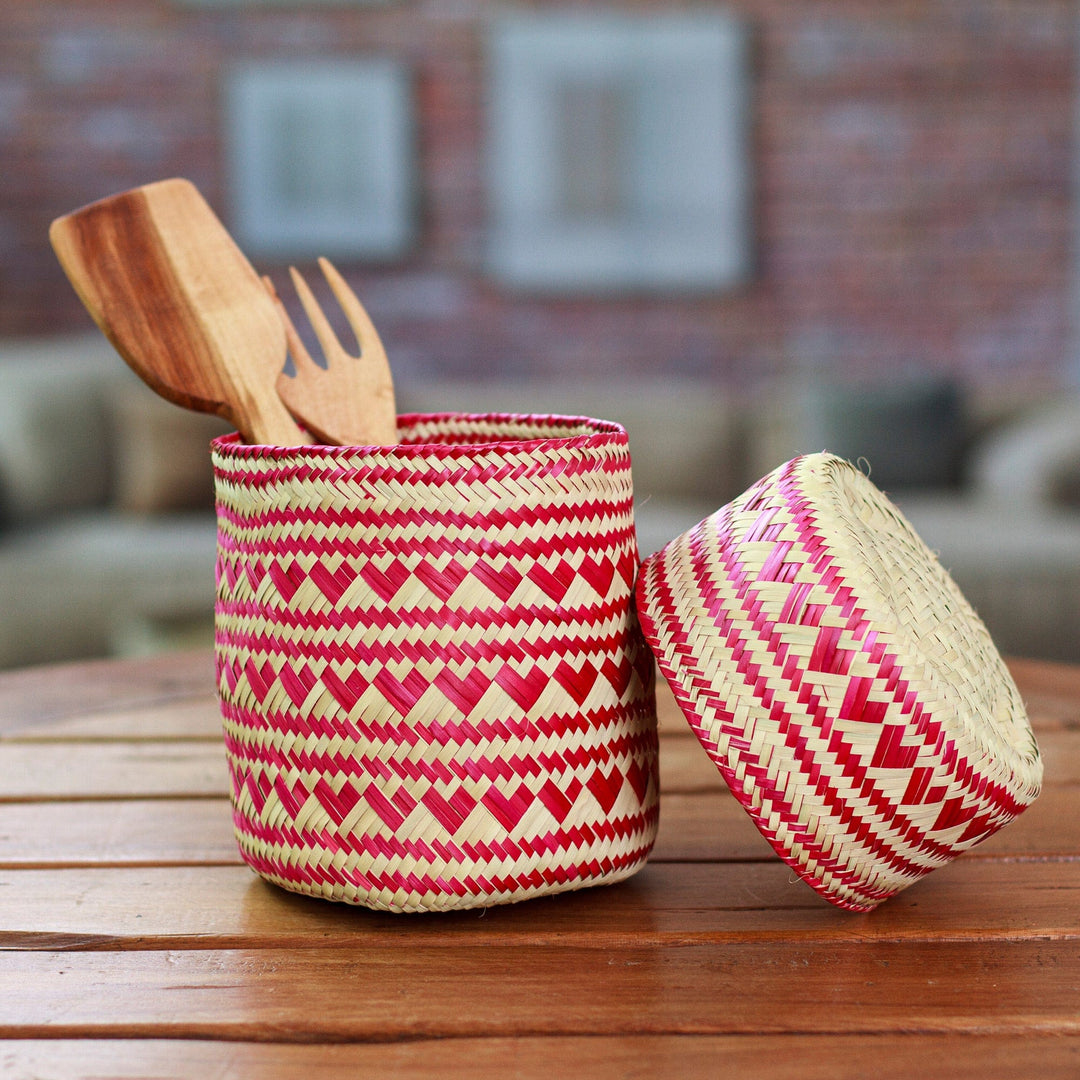 Red Hand-Woven Palm Fiber Basket with Lid from Mexico - Love Red Heart