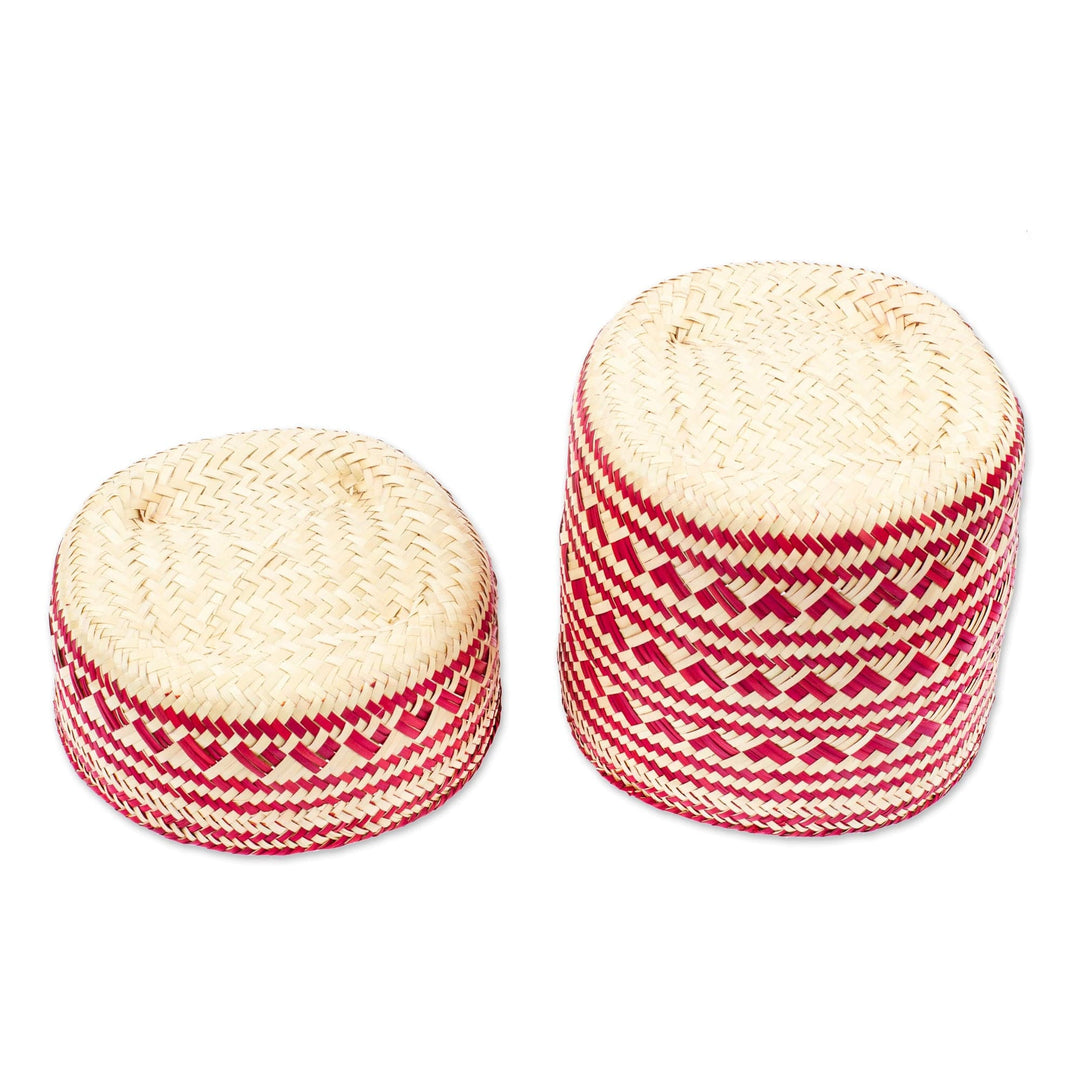 Red Hand-Woven Palm Fiber Basket with Lid from Mexico - Love Red Heart