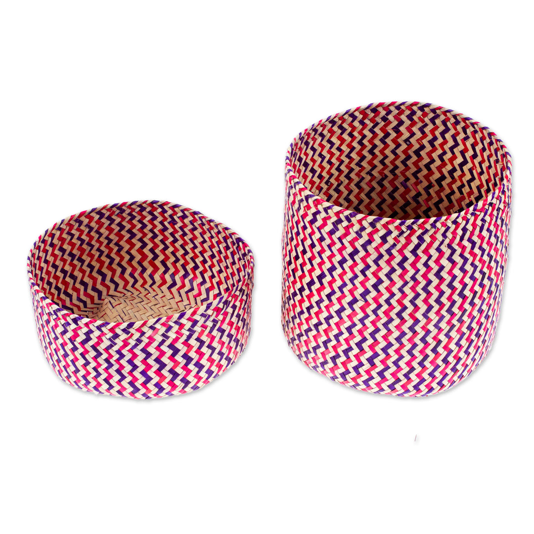 Fuchsia Basket with Lid Hand-Woven from Palm Fiber in Mexico - Tiger in Fuchsia
