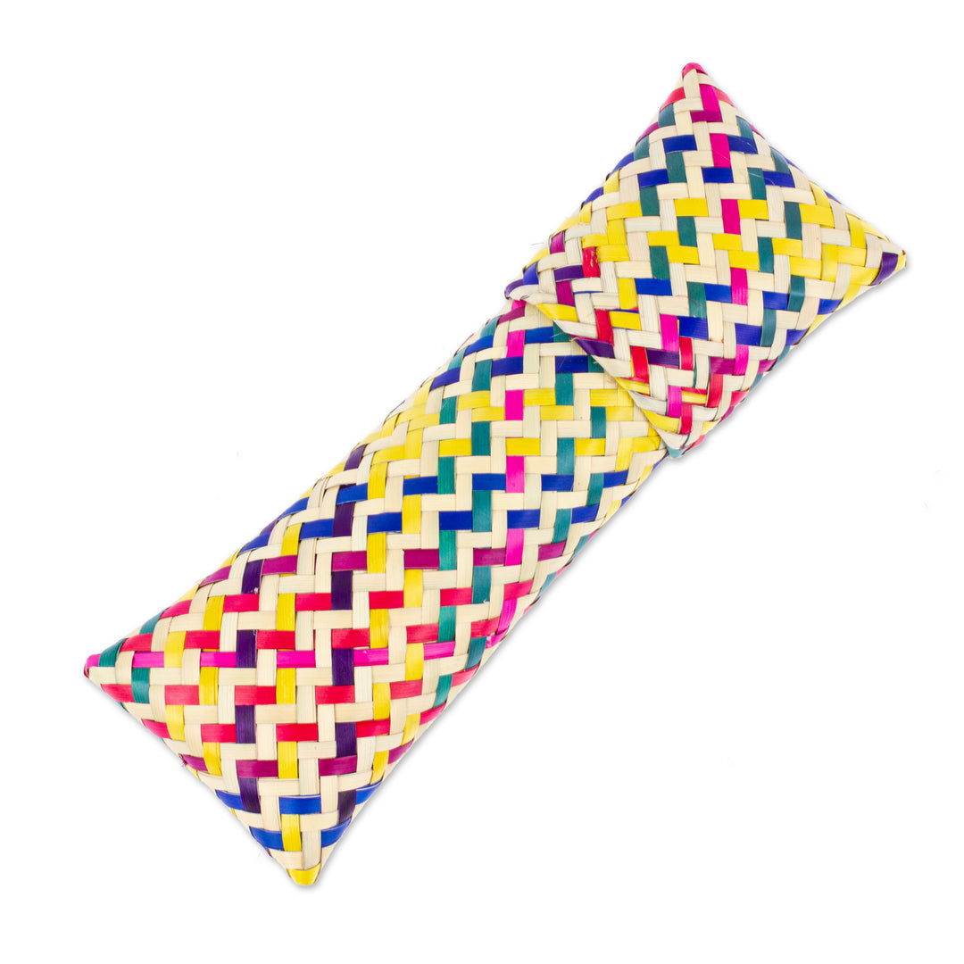 Multicolored Hand-Woven Palm Fiber Utensil Holder with Lid - Color Burst