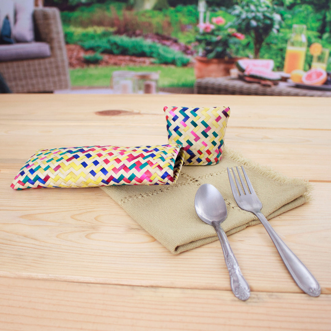 Multicolored Hand-Woven Palm Fiber Utensil Holder with Lid - Color Burst