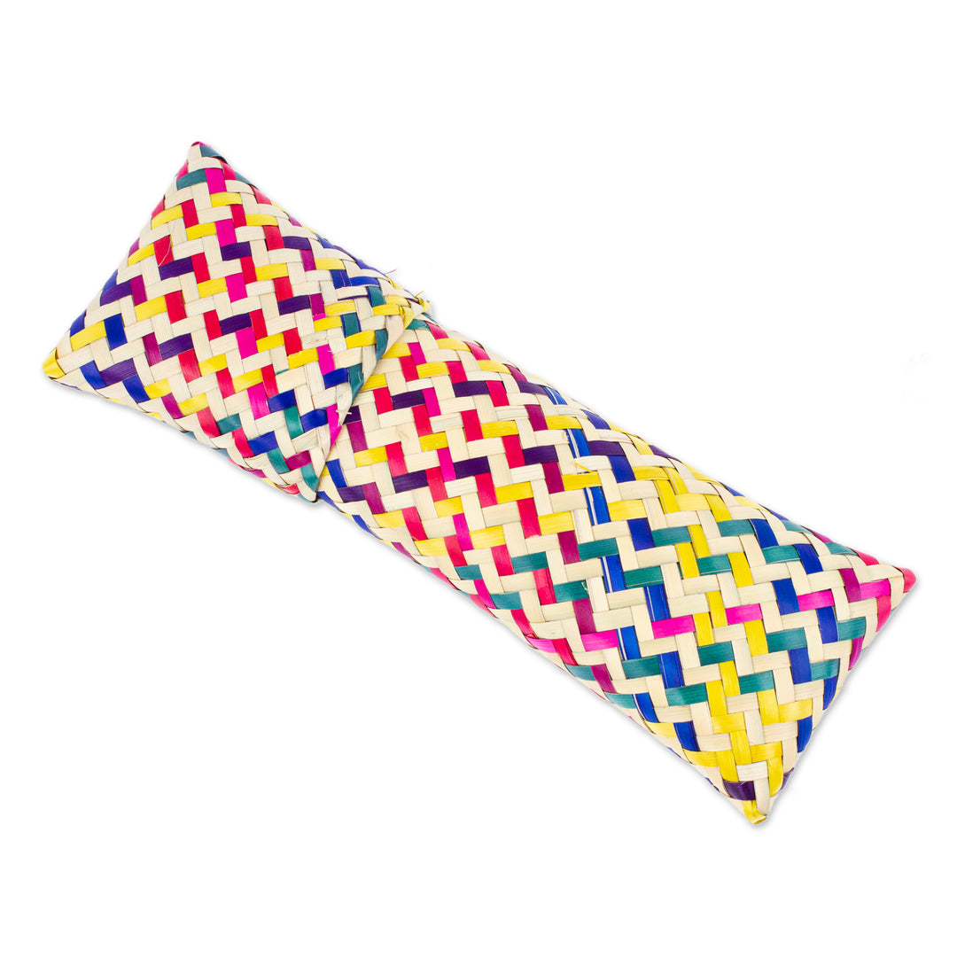 Multicolored Hand-Woven Palm Fiber Utensil Holder with Lid - Color Burst