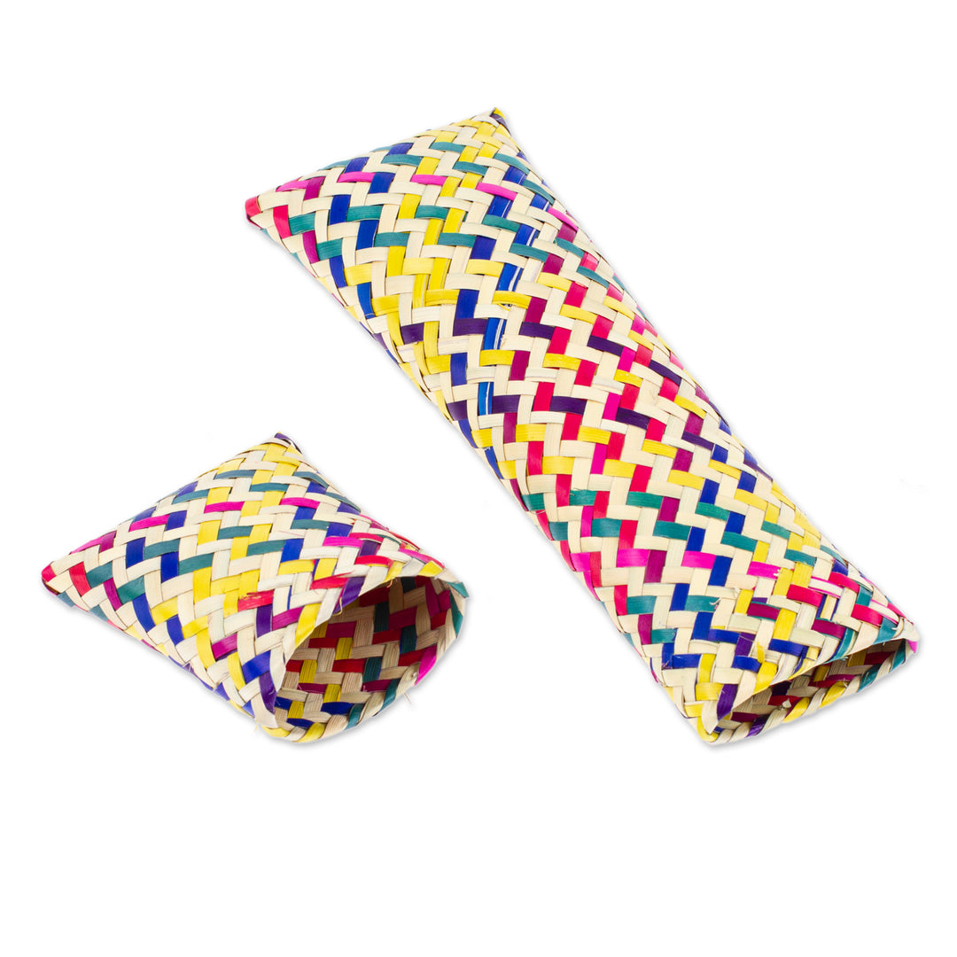 Multicolored Hand-Woven Palm Fiber Utensil Holder with Lid - Color Burst