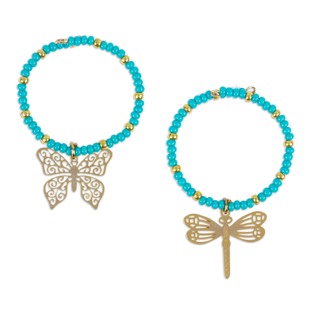 Set of 2 Handmade Beaded Drink Markers with Golden Pendants - Turquoise Flutter