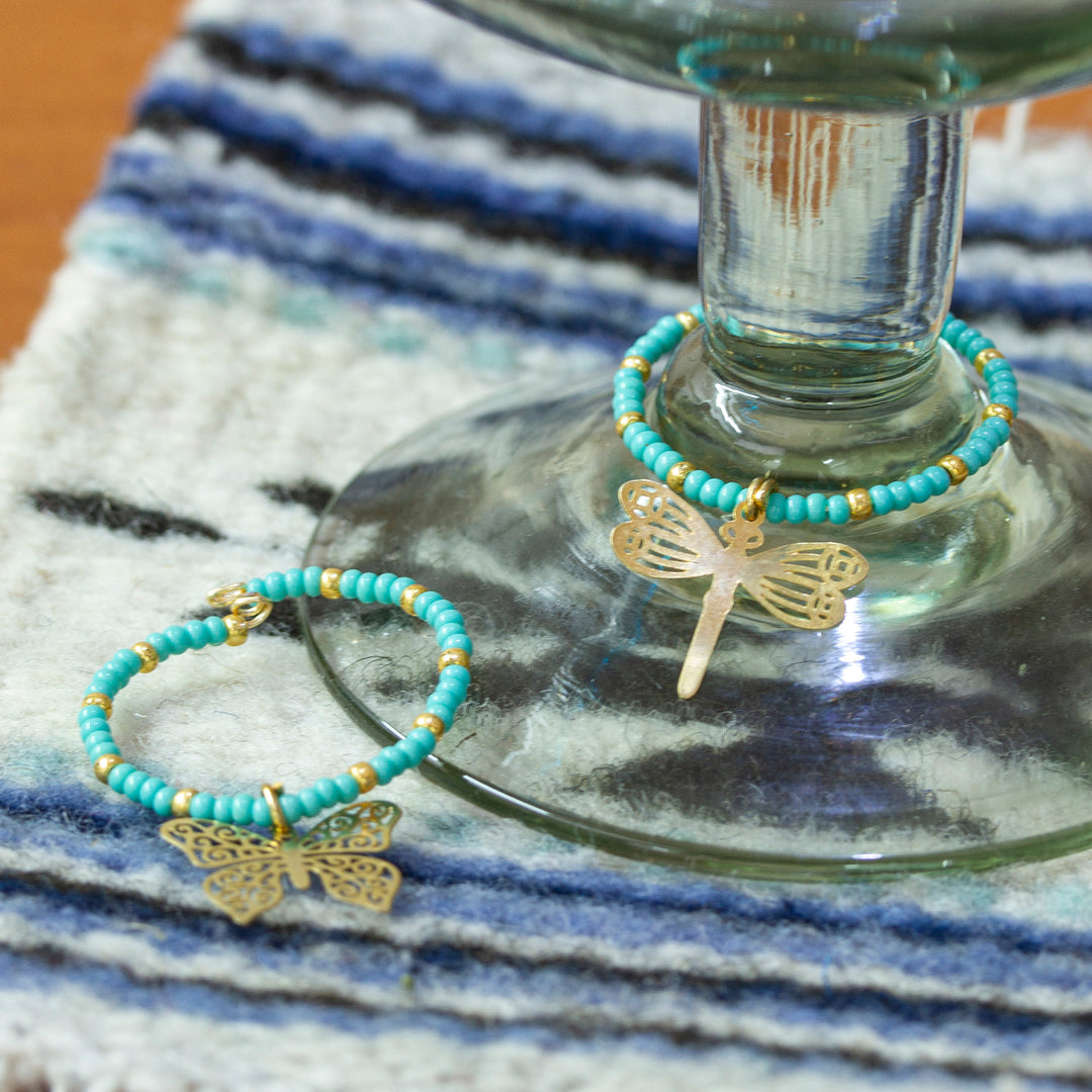 Set of 2 Handmade Beaded Drink Markers with Golden Pendants - Turquoise Flutter