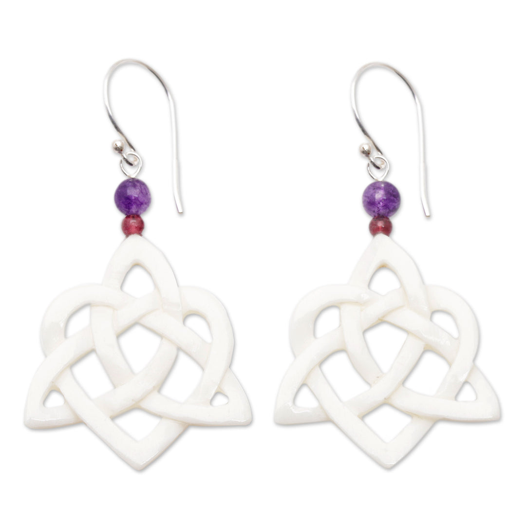 Celtic Trinity Knot Dangle Earrings with Amethyst and Garnet - Trinity Love