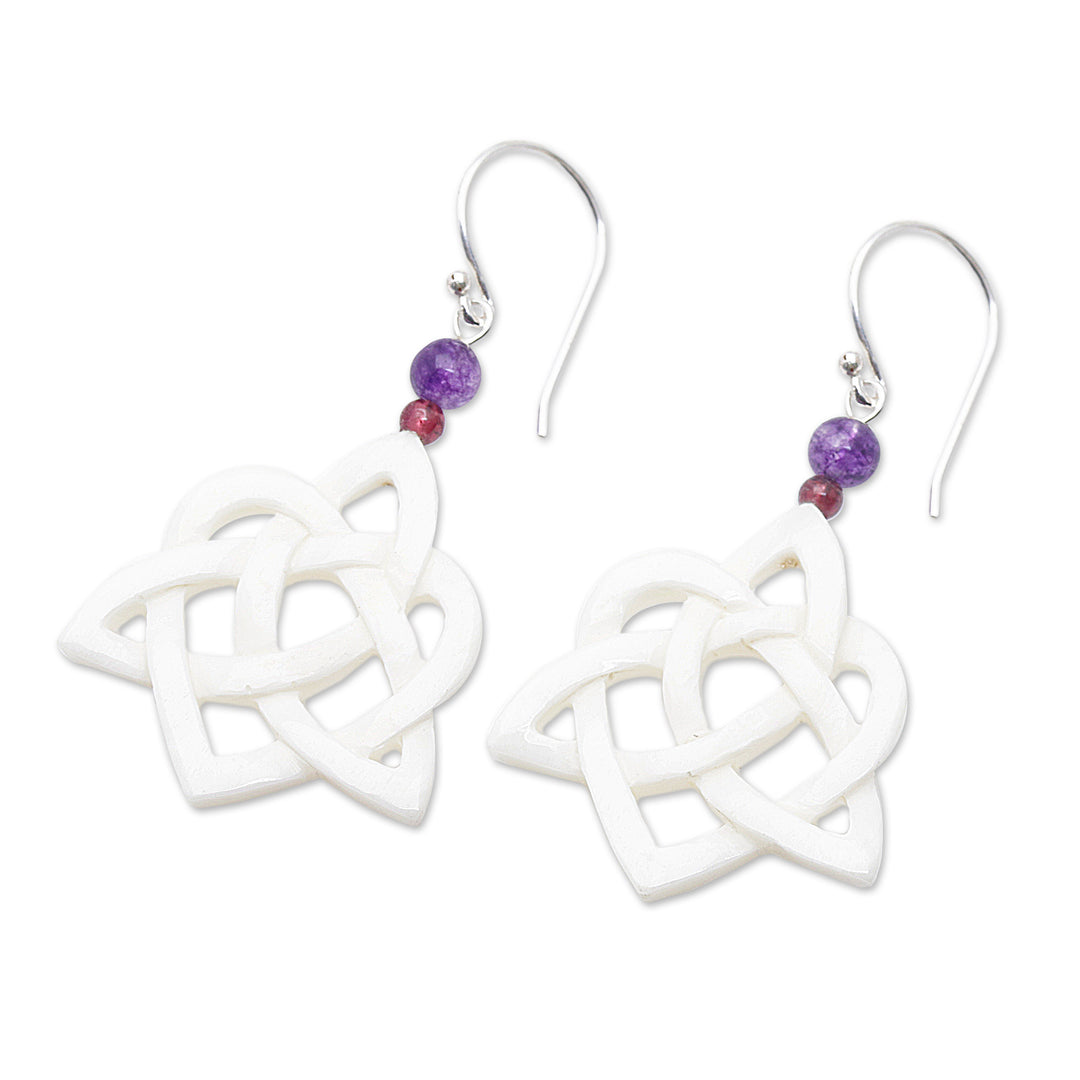Celtic Trinity Knot Dangle Earrings with Amethyst and Garnet - Trinity Love