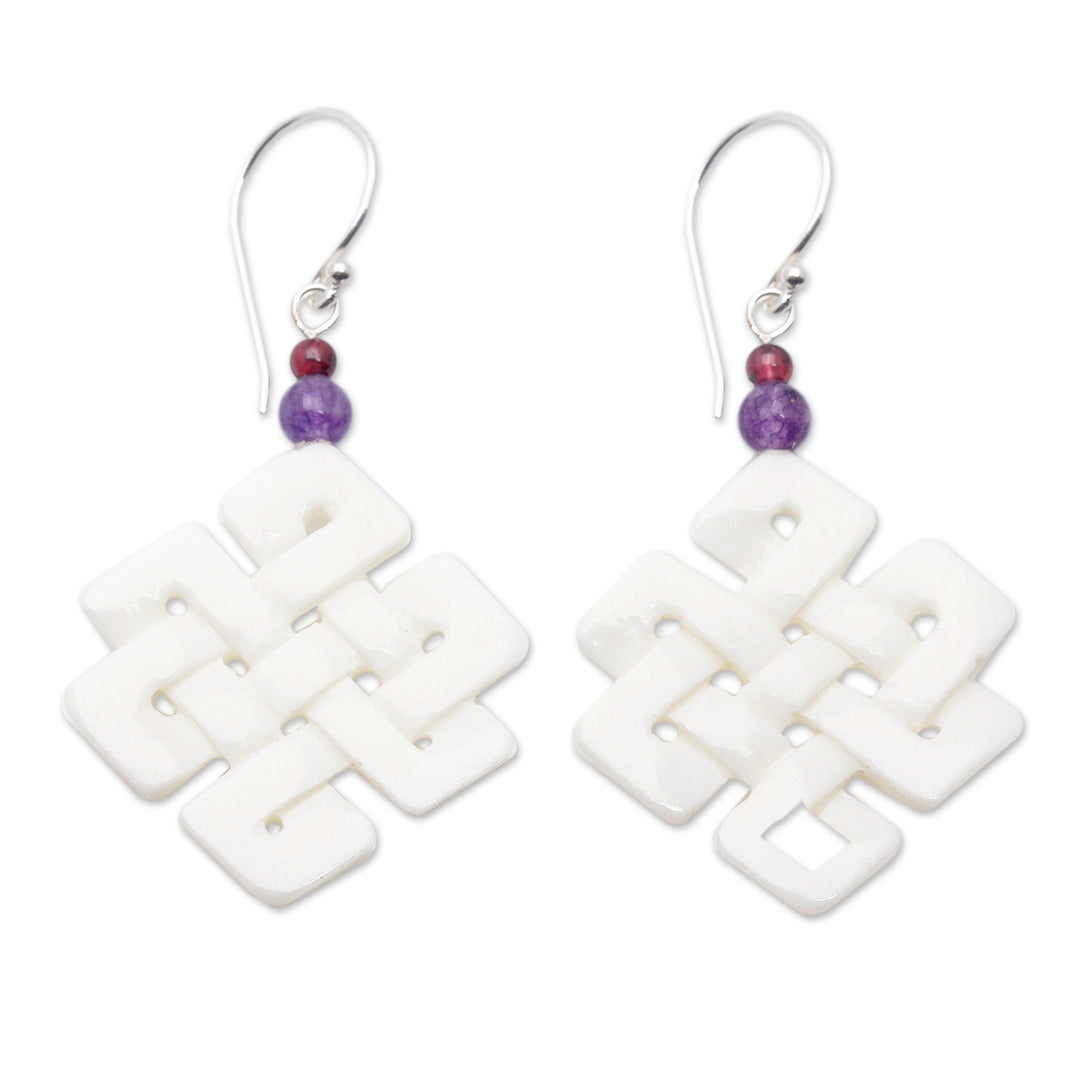 Celtic Trinity Knot Dangle Earrings with Amethyst and Garnet - Knot Inspiration