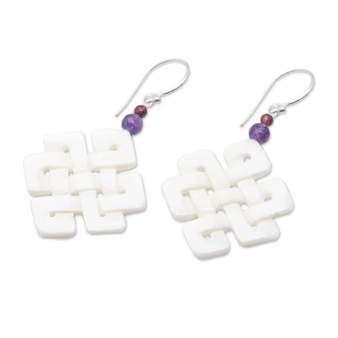 Celtic Trinity Knot Dangle Earrings with Amethyst and Garnet - Knot Inspiration