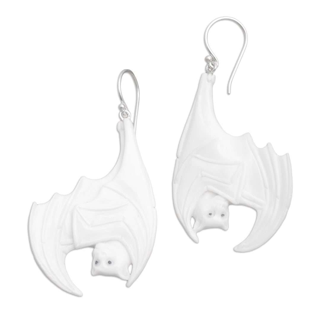 Bat Hand-Carved Bone Dangle Earrings with 925 Silver Hooks - Bat Duo