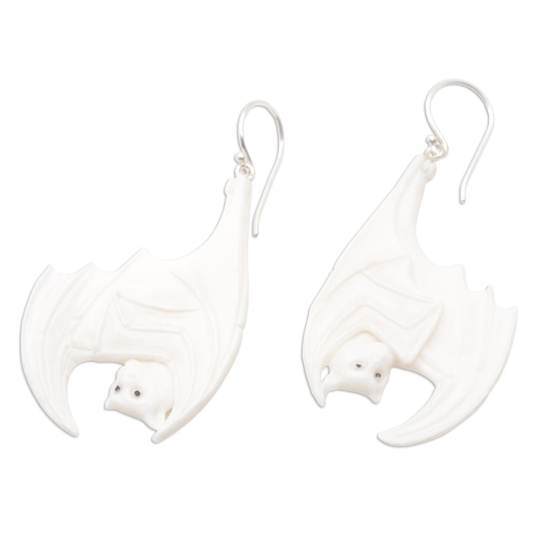 Bat Hand-Carved Bone Dangle Earrings with 925 Silver Hooks - Bat Duo