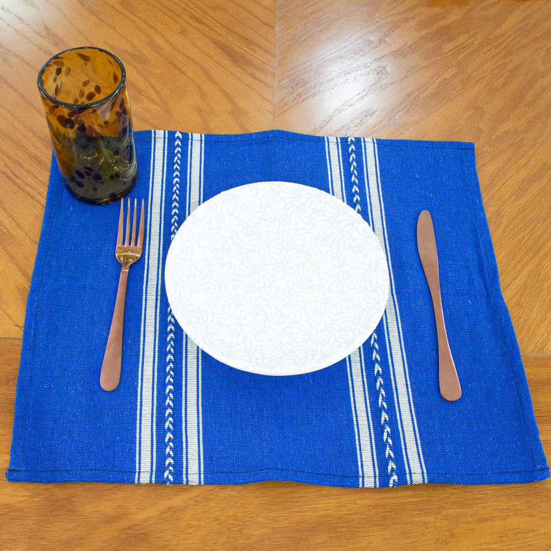 Pair of Blue and White Cotton Placemats Hand-Woven in Mexico - Blue Delight