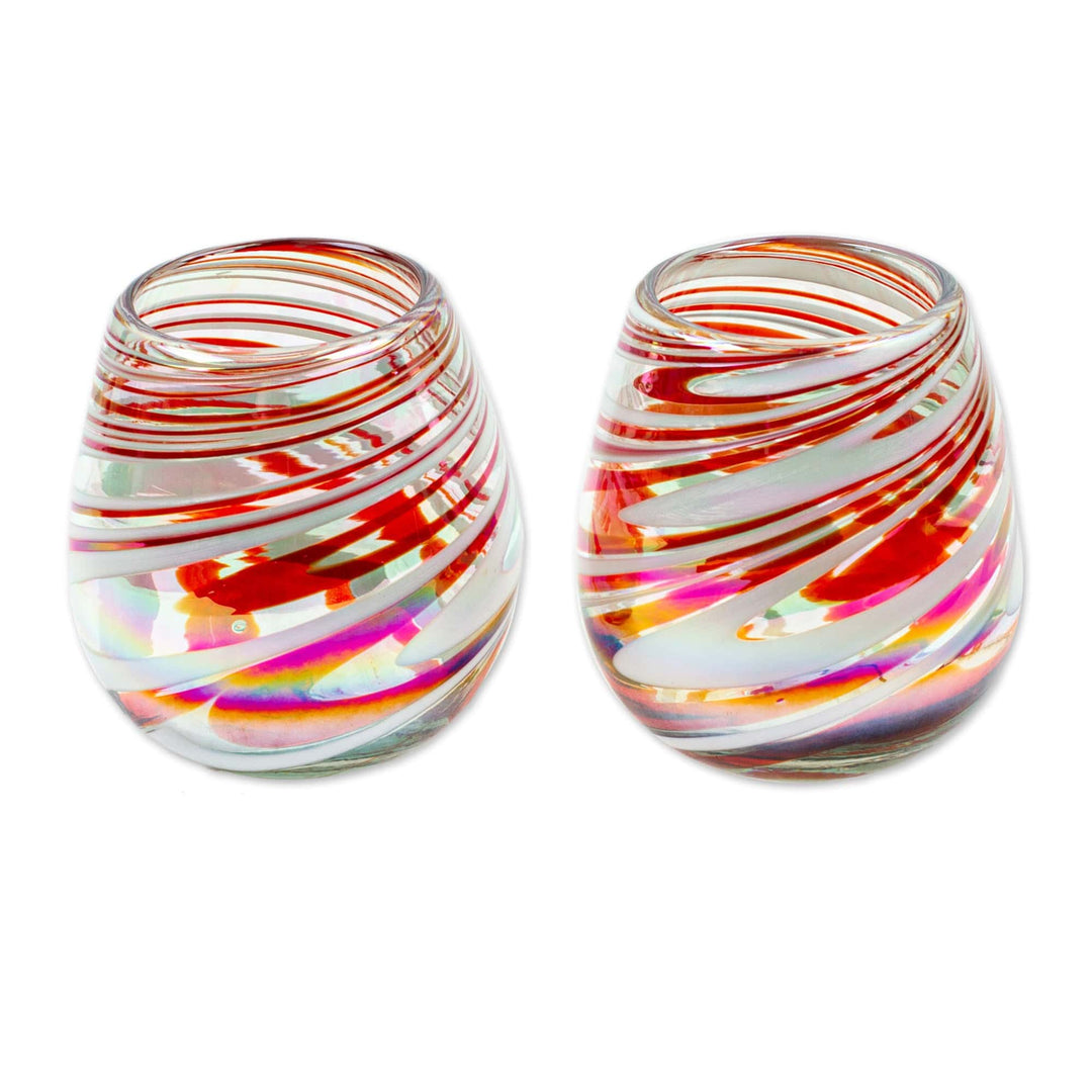 Pair of Eco-Friendly Red Handblown Stemless Wine Glasses - Tropical Swirl