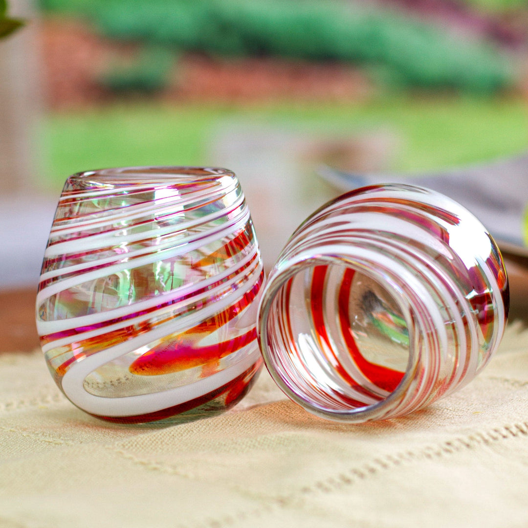 Pair of Eco-Friendly Red Handblown Stemless Wine Glasses - Tropical Swirl