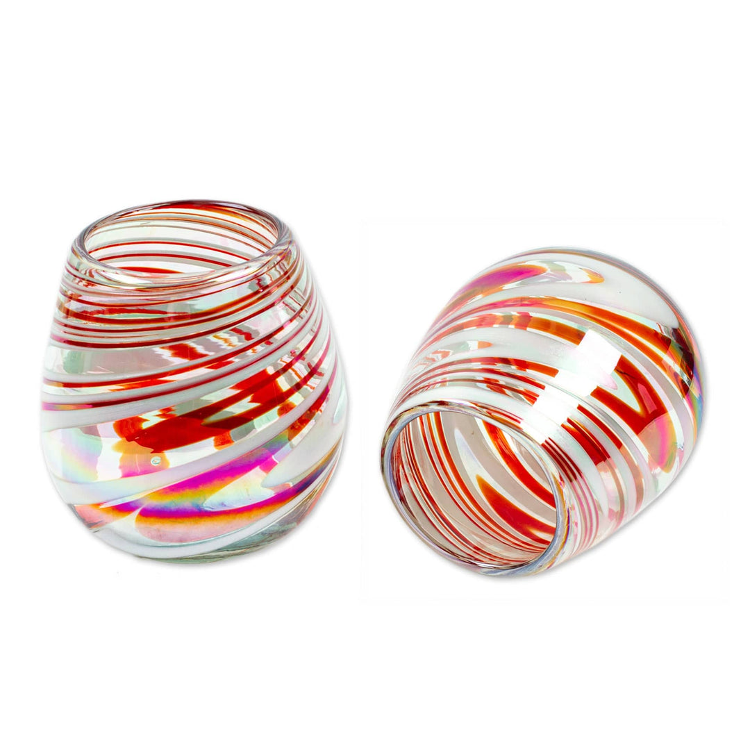 Pair of Eco-Friendly Red Handblown Stemless Wine Glasses - Tropical Swirl