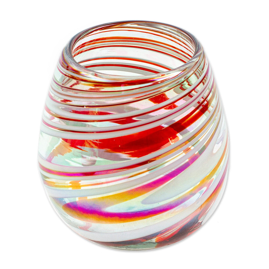 Pair of Eco-Friendly Red Handblown Stemless Wine Glasses - Tropical Swirl