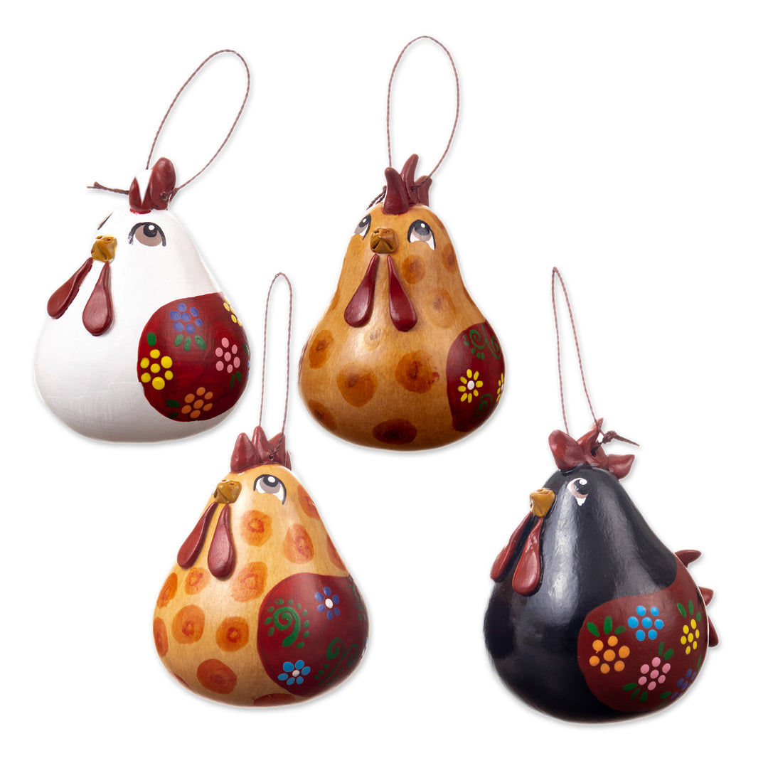 Set of 4 Handcrafted Hen Ornaments Painted in Warm Hues - Chatty Hens