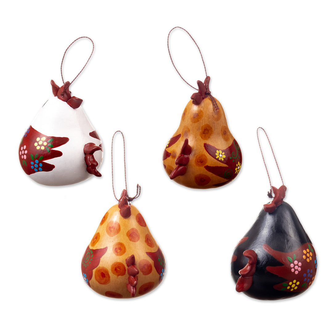 Set of 4 Handcrafted Hen Ornaments Painted in Warm Hues - Chatty Hens