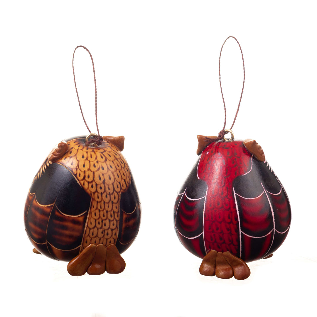 Set of 2 Handmade Dried Gourd Owl Ornaments in Black and Red - Feathers of Wisdom
