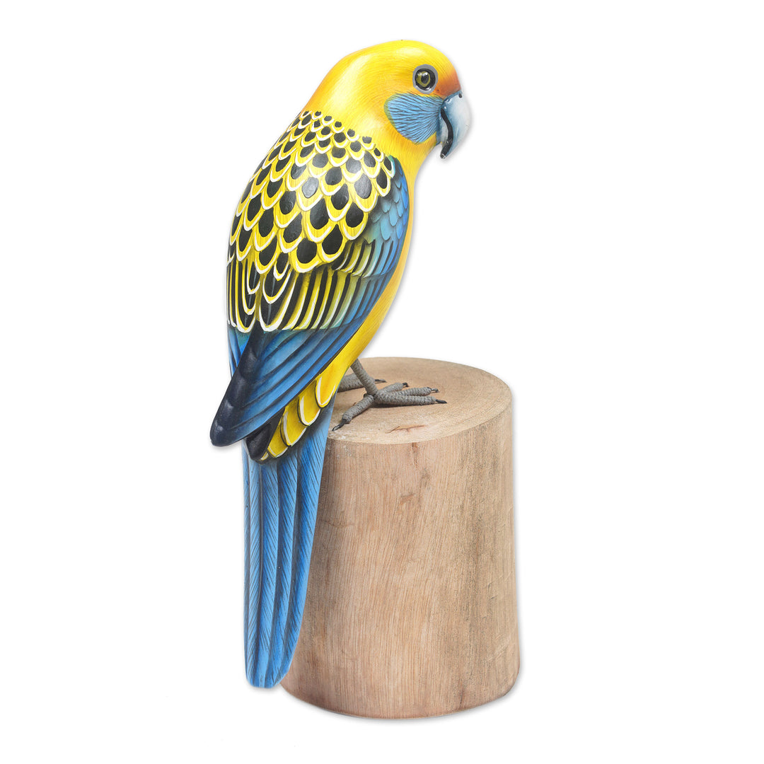 Suar and Teak Wood Bird Sculpture Hand-Carved in Indonesia - Yellow Rosella